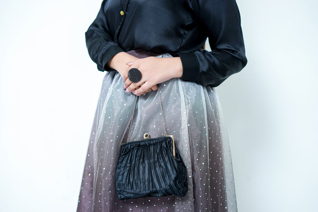 Black Silk Button-Down Shirt with Skirt Set