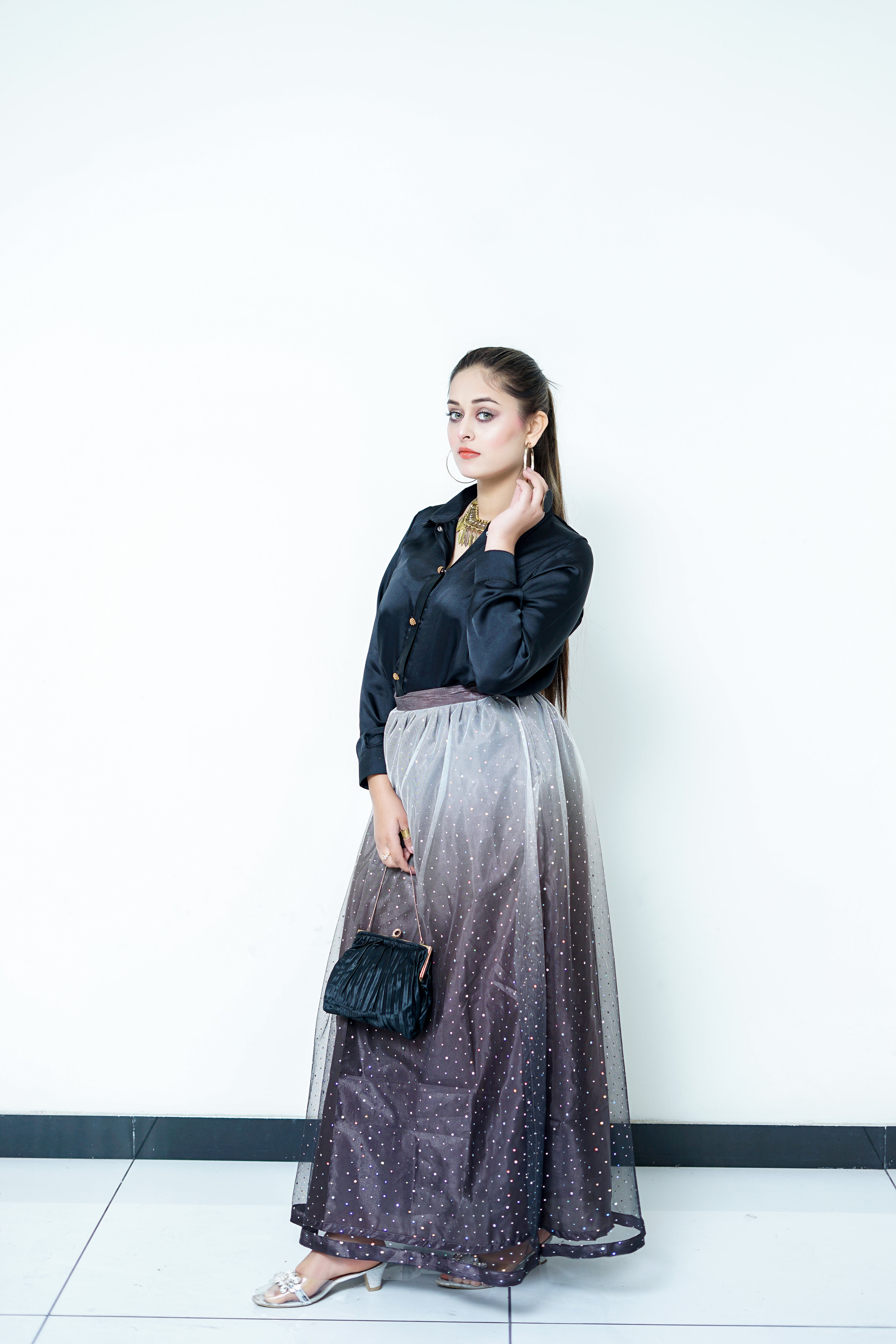 Black Silk Button-Down Shirt with Skirt Set