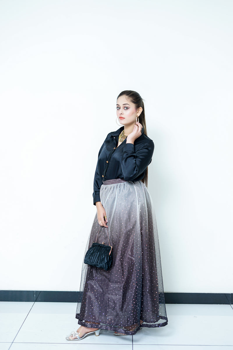 Black Silk Button-Down Shirt with Skirt Set