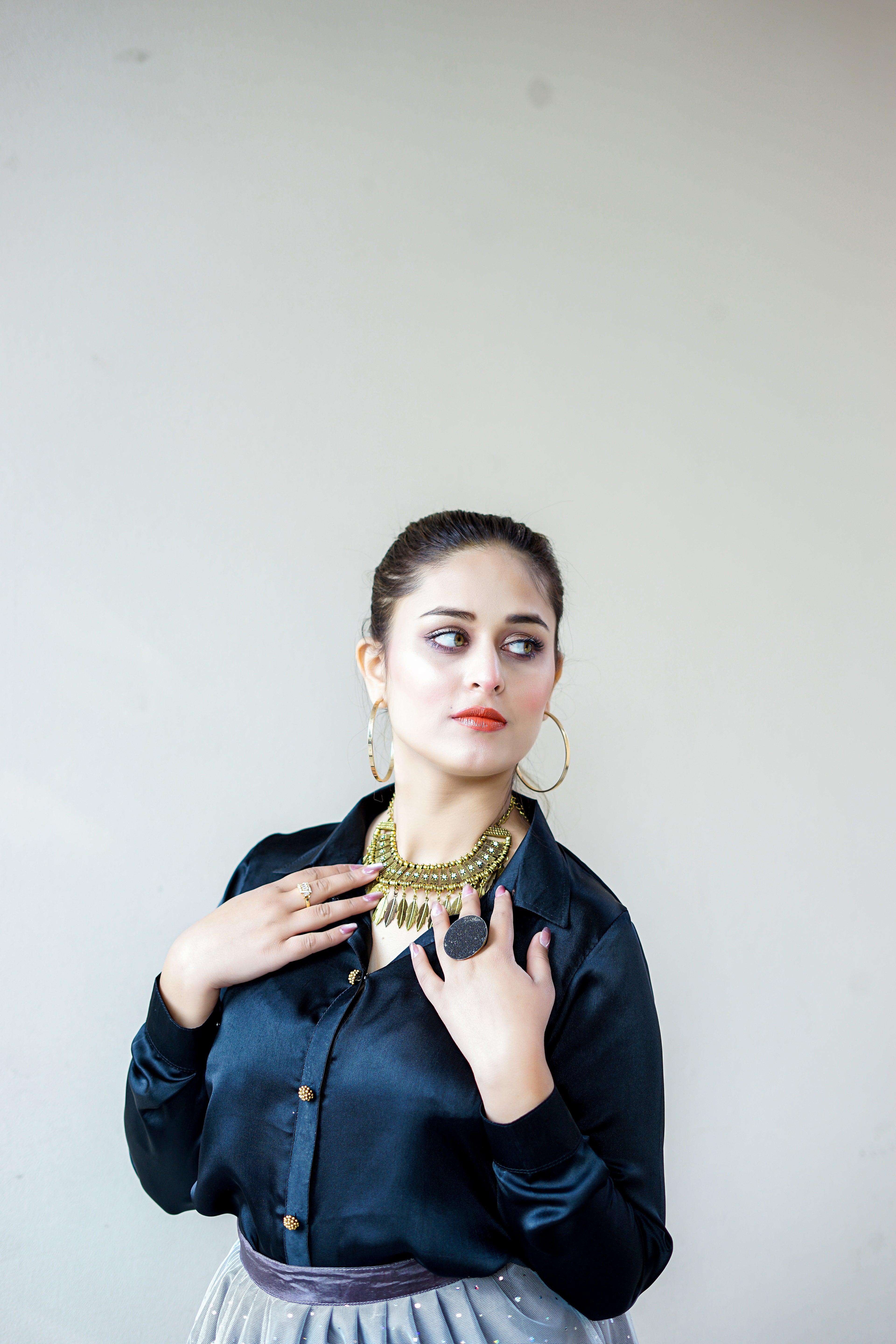 Black Silk Button-Down Shirt with Skirt Set