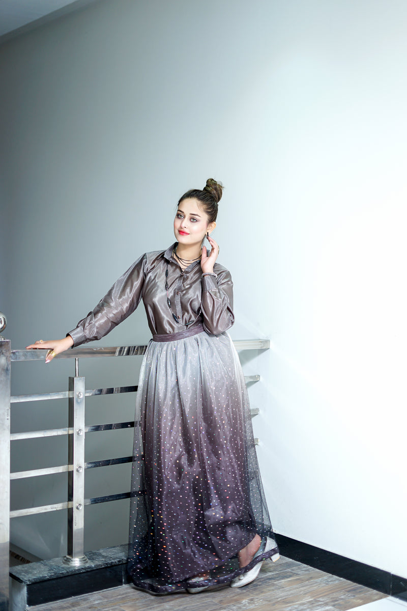 Grey Classic Button-Down Shirt with Skirt Set