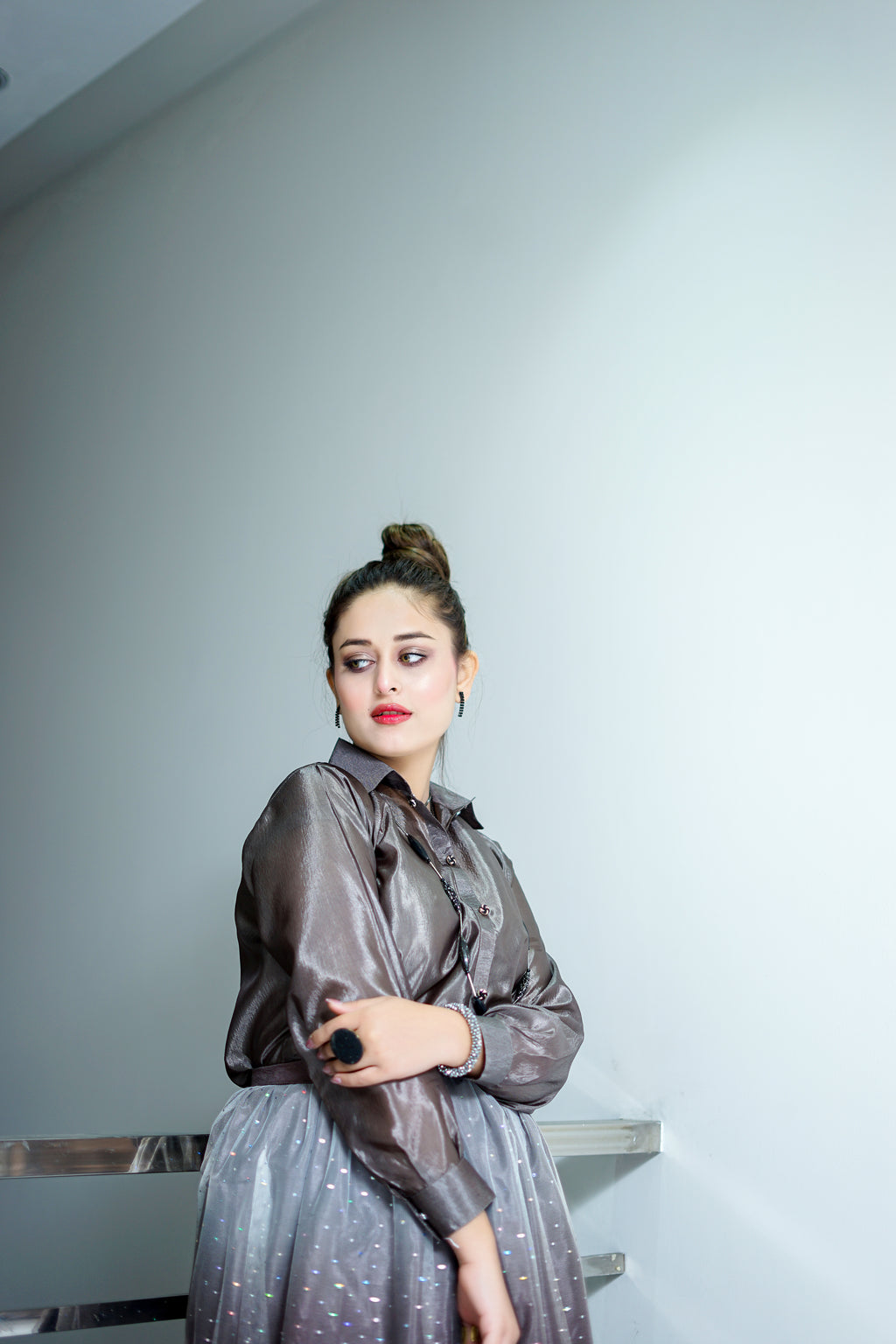 Grey Classic Button-Down Shirt with Skirt Set