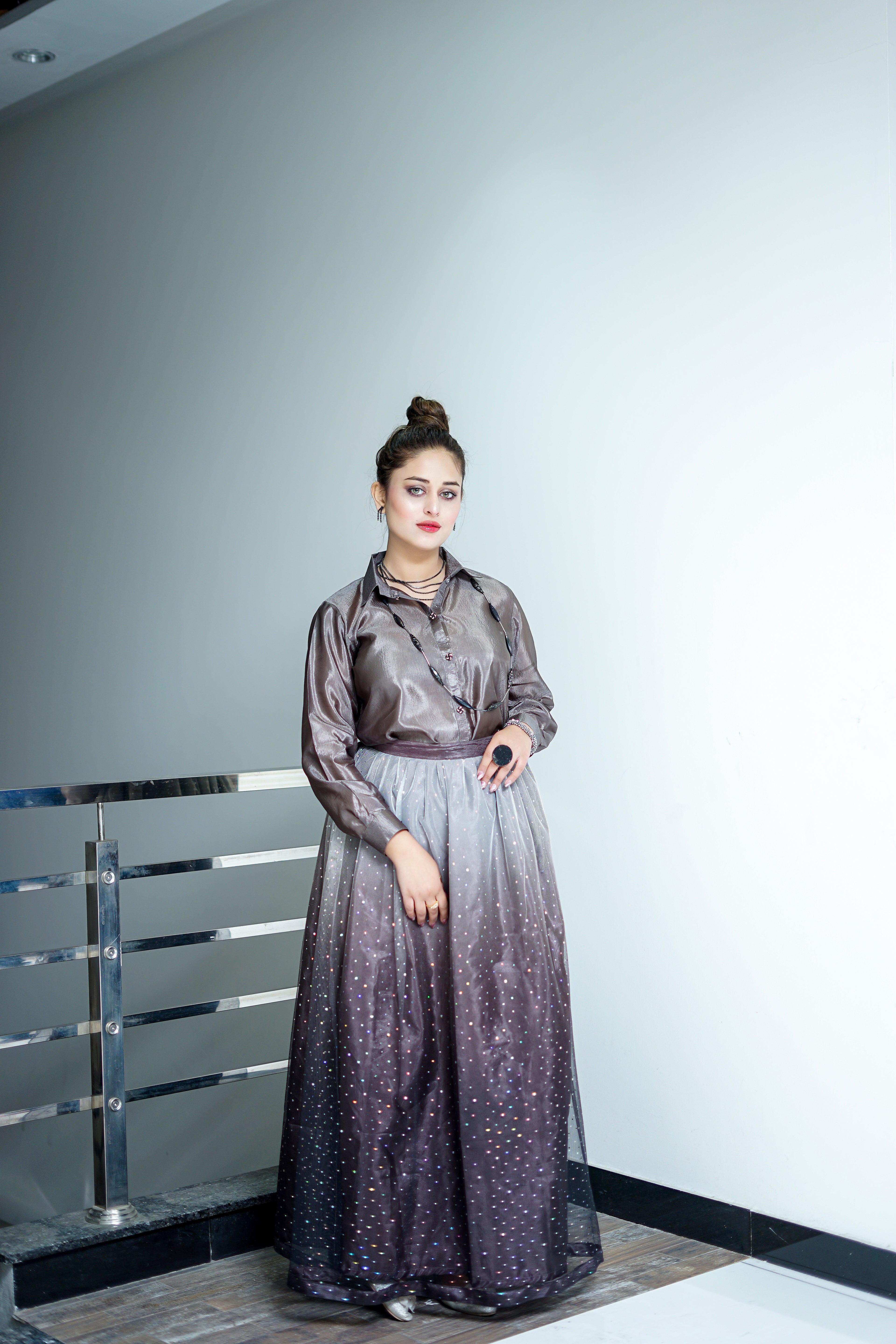 Grey Classic Button-Down Shirt with Skirt Set