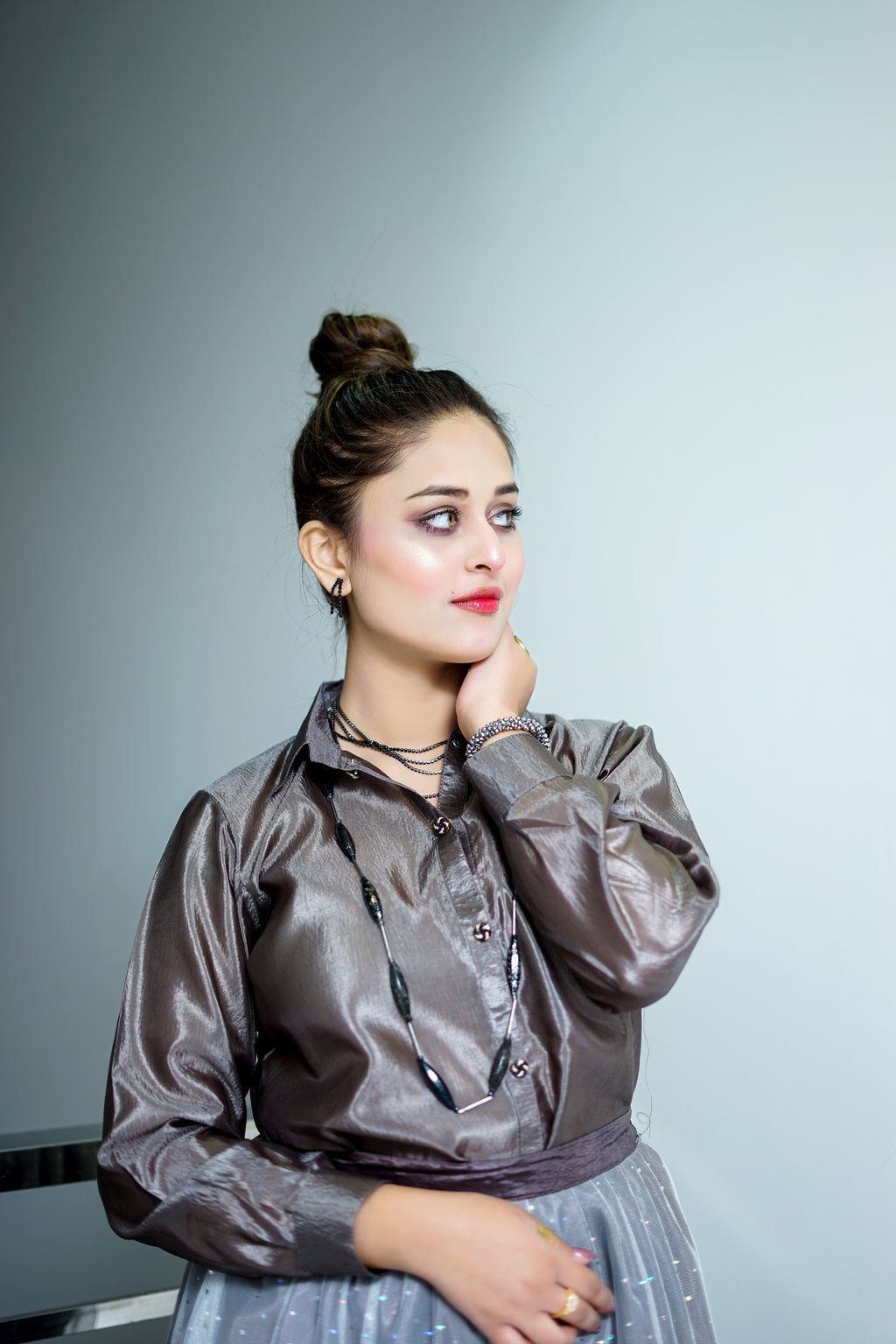 Grey Classic Button-Down Shirt with Skirt Set